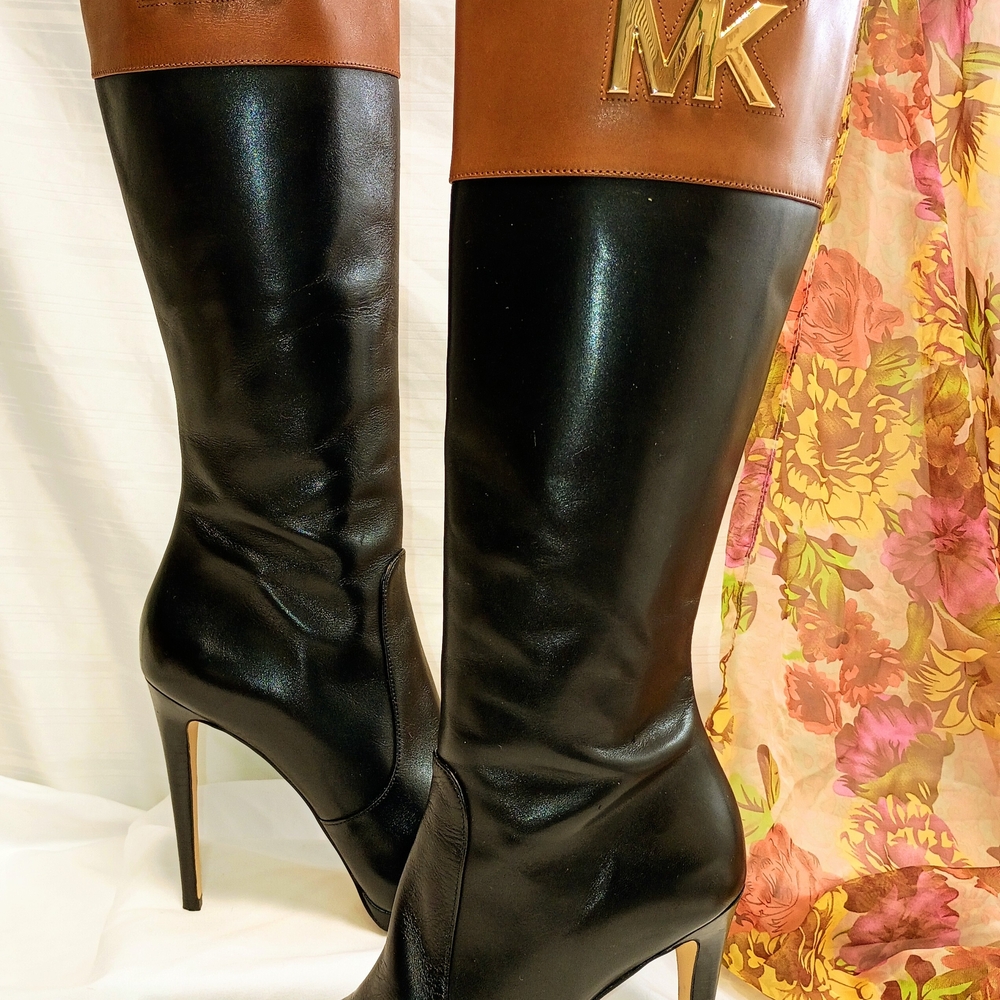Michael Kors Hayley Two-Tone Leather Boots Black & Luggage Brown Size 6.5